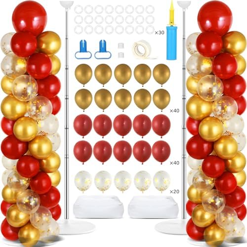 2 Sets Red Gold Balloon Column Stand Kit with 100 Balloons Adjustable Balloon Tower Stand with Bases for Floor Red Gold Confetti Balloon Column Kit for Back to School Birthday Wedding Party Decor by ZOIIWA