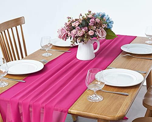 Pufogu 5 Pack 10Ft Hot Pink Chiffon Table Runner Sheer 29x120 Inch - Image 2