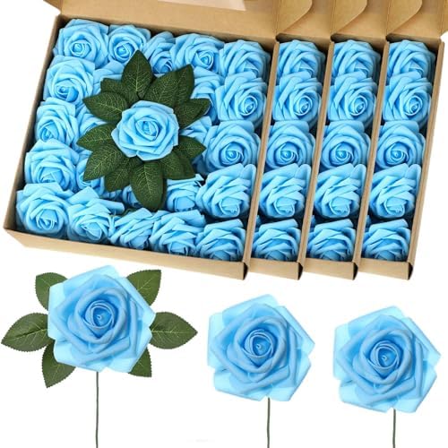 100 Pcs Artificial Foam Rose Flower Faux Bouquet Wedding Fake Rose Gift for Mother's Day Women DIY Bridal Shower Party Table Birthday Home Spring Decor (Light Blue) by Luinabio