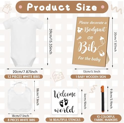 Chuarry 43 Pcs Baby Shower Kit, 8 Onesies 8 Bibs Markers 16 Stencils - Image 2
