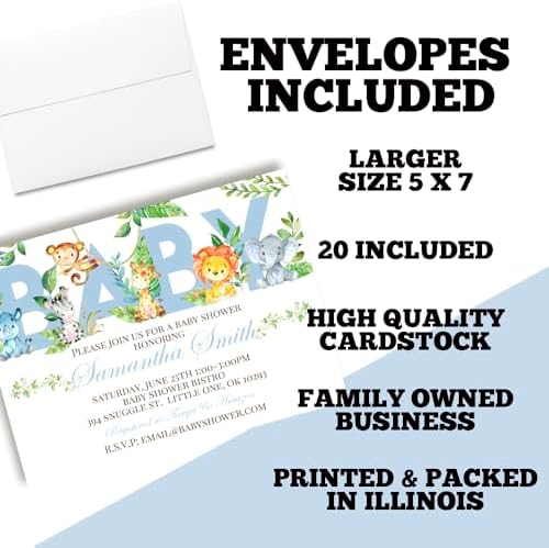 Custom Baby Shower Invites Blue Watercolor Jungle Invitations 20 5x7 Personalized Watercolor Safari Jungle Invitations With Envelopes - Unique Boy Watercolor Safari Jungle Baby Shower Cards - Image 6