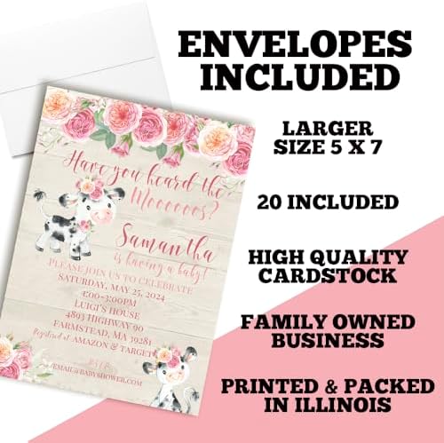 Custom Baby Shower Invites Pink Cow Baby Shower Invitation 20 5x7 Custom Personalized Watercolor Shower Invites With Envelopes - Unique Pink Watercolor Cow Theme - Image 6
