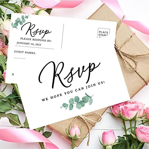 Andaz Press 56-Pack Personalized RSVP Postcards for Wedding Minimal Eucalyptus Leaf Cardstock Response Reply Cards for Bridal Shower Baby Shower Birthday Event Custom Date Return Address 4 x 6-Inch - Image 3
