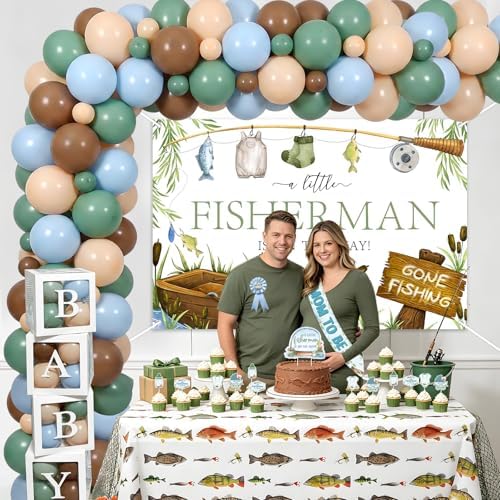 Fishing Baby Shower Decoration, A Little Fisherman is on the Way Backdrop Cupcake Cake Topper Sash Pin Box Table Cloth Latex Balloon Garland Arch Kit for Gone Fishing Baby Shower Supplies - Image 4