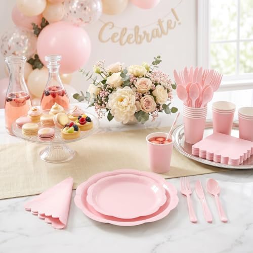 350 Pcs Light Pink Party Plates Cups and Napkins Set, Disposable Paper Dinnerware Set with 9” & 7” Plates, Cups and Napkins for Baby Shower, Bridal Shower, Tea Party, Christmas Party - Image 6