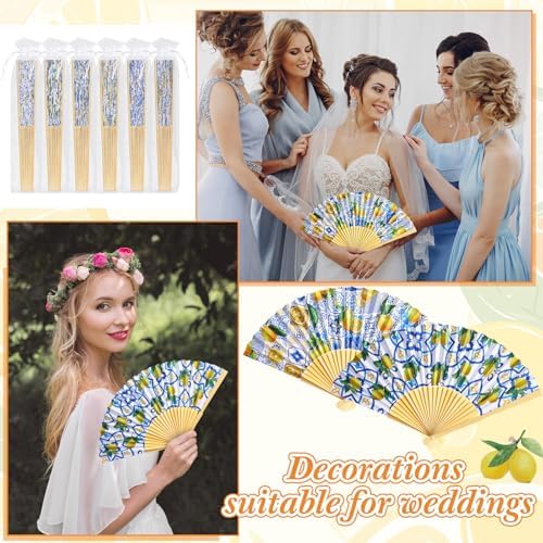 Briwooody 48 Set Amalfi Coast Lemon Hand Folding Fan with Organza Bag Bulk - Image 4