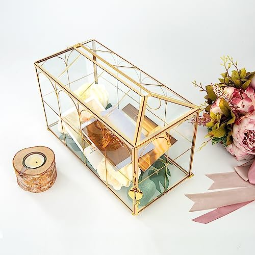 Glass Wedding Card Box with Lock, 12.6x5.9x9 inches Large Gold Card Boxes - Image 3