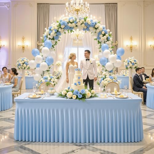 Baby Blue Table Cloth for 8 Foot Rectangle Tables Fitted Stretch Spandex Table Cover with Skirt 8ft Baby Shower Birthday Party Banquet Ruffle Tablecloth Wedding Table Cloths Desk Skirt, 2 Pack - Image 6
