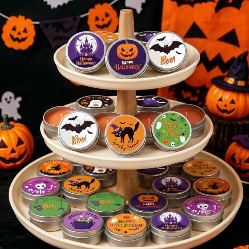 Treela 24 Pcs Halloween Pumpkin Scented Tin Candles Cinnamon Spice Fall Mini Soy Candles in Round Metal Tins, 5x2cm Small Halloween Candle Favors for Party Decorations - Image 2
