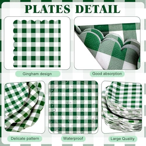 Funnymoom 452 Pcs Green Gingham Party Supplies for 50, Dark Green Plaid Checkered Paper Plates Napkins Cups Tablecloth Cutlery Straws for Holiday Birthday Baby Shower Party Decoration - Image 2