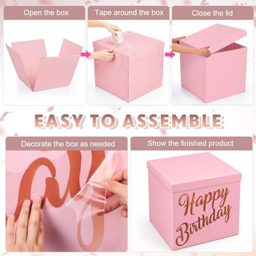 28in Extra Large Birthday Gift Box with Big Bear Foil Balloon and 12in Rose Gold Balloon Set Jumbo Giant Gift Box Decoration Kit with Happy Birthday Stickers - Image 3
