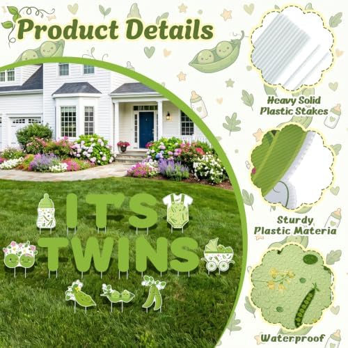 15Pcs Two Peas in a Pod It's Twins Yard Signs with Stakes, Sweet Pea Baby Shower Lawn Decorations, Green Welcome Home Twin Baby Boy Girl Outdoor Sign for Gender Reveal Party Supplies Photo Props - Image 3