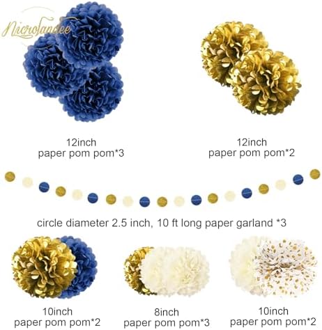 NICROLANDEE Navy Blue and Gold Decorations, 27 PCS Hanging Paper Lanterns Tissue Pom Poms Garlands Decor for Graduation Party, Mens Birthday, Memorial Day Decorations, New Years Party Supplies - Image 2