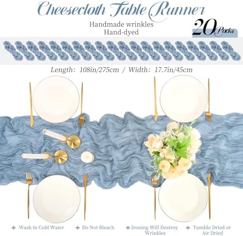Teruntrue 20 Pack Dusty Blue Cheesecloth Table Runner 17x108 Inch, Boho Gauze Sheer Fabric Cheese Cloth Table Runners for Wedding Party Bridal Shower Baby Shower Birthday Home Decor Garden Farmhouse - Image 2