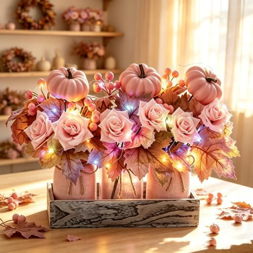 Mason Jar Centerpiece Decor with Wood Tray – 3 Jars Pink Pumpkins - Image 2
