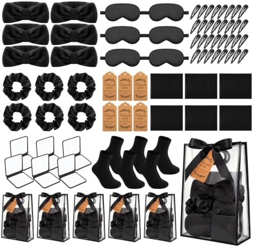 54 Pcs Baby Shower Prizes for Winners Prizes Gifts 6 Sets with Headbands Eye Masks Mirrors Hair Ties Hair Clips Socks Storage Bags Thank Card Gift Bag for Baby Shower Party Wedding(Black) by Hillsuren