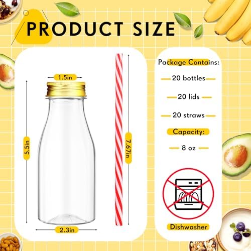 Yinkin 20 Sets Plastic Milk Bottles with Straws Bulk Reusable Beverage Containers for Birthday Baby Shower Party with Metal Lids Straws for Milk Juice Smoothies (8 oz,Gold Lid) - Image 2