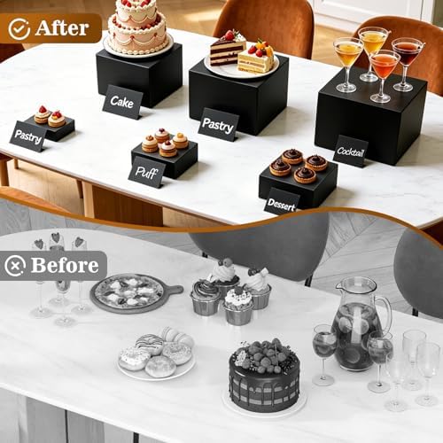 6PCS Buffet Risers,Food Display Stands with Mini Sign and Marker,for Buffet Table,Black Acrylic Cube Boxes Nesting Risers,Hollow Bottoms,for Cake Catering Dessert Party(8",7",6",5",4",3") - Image 4