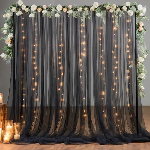 10×10ft Black Tulle Backdrop Curtain with Lights String for Parites, Sheer Photo Backdrop Curtains for Wedding Party Photography Background - Image 6