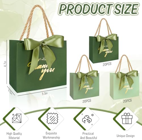 Whaline 60Pcs Thank You Paper Gift Bags with Bow Gradient Sage Green Party Favor Bags with Handles for Wedding Bridal Baby Shower Birthday Party - Image 2