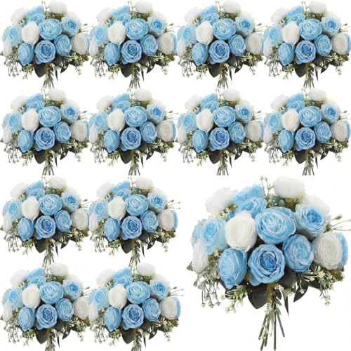 Geosar 24 Bundles Artificial Peonies Flowers,Blue,White by Geosar
