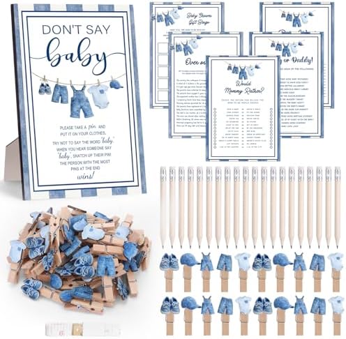 Foilswirl 321 Pcs Blue Jeans Baby Shower Game Supplies Include 250 Activity Cards 20 Pencils 1 Don't Say Baby Sign' 50 Clothespins for Price Prediction Bingo Game Party Decor by Foilswirl