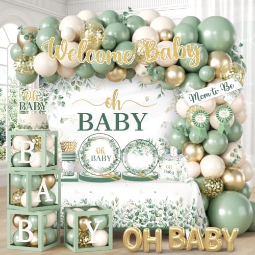 286Pcs Sage Green Baby Shower Decorations Kit, Gender Neutral Party Supplies with Balloon Arch, Backdrop, Plates, Napkins, Sash, Letter Boxes, Tablecloth, Serves 20 by Unknown