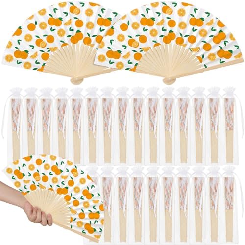 25 Pcs Orange Fruit Folding Paper Fans Bulk with Organza Bags by Memorywuu