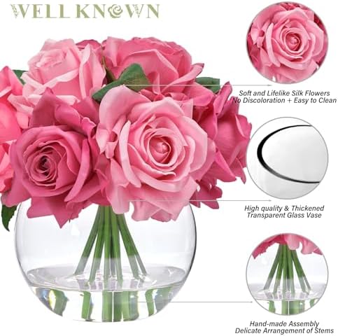 WELL KNOWN Artificial Flowers with Vase, Fuchsia Pink Silk Rose - Image 6