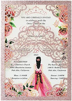 Hosmsua 50PCS Personalized Rose Gold Glitter Quinceanera Invitations Kit 5.1x7.3 Inch Laser Cut Floral Crown Quinceanera Invitation Cards with Envelopes for Birthday Quince Anos Invitation by Hosmsua