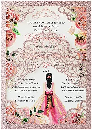 Hosmsua 50PCS Personalized Rose Gold Glitter Quinceanera Invitations Kit 5.1x7.3 Inch Laser Cut Floral Crown Quinceanera Invitation Cards with Envelopes for Birthday Quince Anos Invitation by Hosmsua