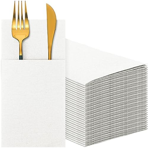 Cindeer 150 Pcs White Linen Dinner Napkins with Built in Flatware by Cindeer