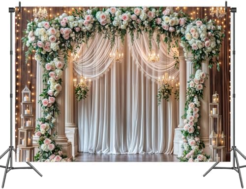 15x10ft Wedding Wooden Backdrop Glitter White Curtain Rose Floral Wall Door Photography Backdrops Western Vintage Wedding Anniversary Banner Birthday Baby Showers Photo Shoot Decor Props Decoration - Image 3