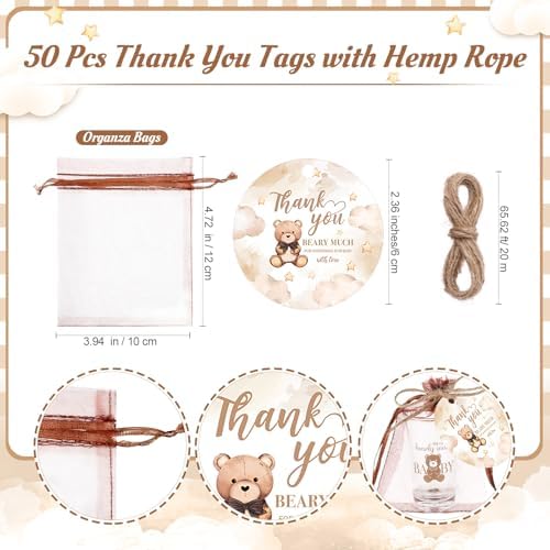 Funnymoom 50 Sets Teddy Bear Baby Shower Favors We Can Bearly Wait for Guests Souvenir Brown Bear Acrylic Clear Shot Glasses Thank You Tags with Twine Organza Bags for Birthday Supplies, Gender Reveal - Image 4