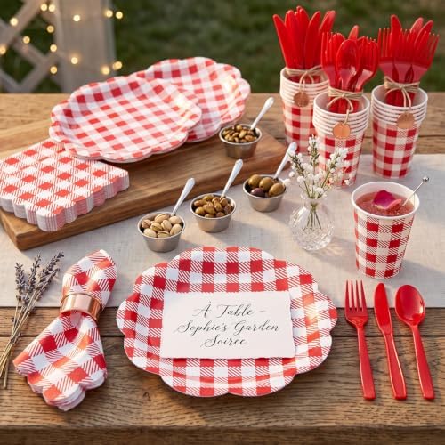 350 PCS Red Gingham Disposable Dinnerware Set, Decagonal Paper Plates 7 & 9 Inch, Napkins, Cups & Cutlery, Checkered Party Supplies for Picnic BBQ Valentine Christmas - Image 7
