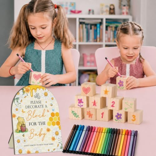 Winnie Baby Shower Blocks Game Set, Winnie Baby Shower Decorations, 24 Acrylic Paint Pens with 50 Blank Wooden Blocks, Fun Party Activity Set for Baby Shower Games, Gender Reveal & Decorations - Image 5