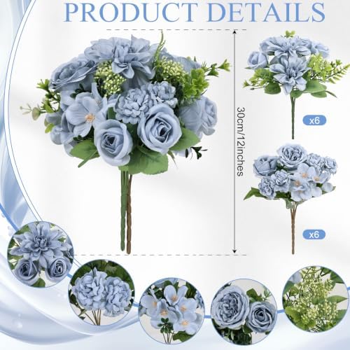 Dusty Blue Peonies Dahlia Artificial Flowers Bulk, 12 Bundles - Image 2