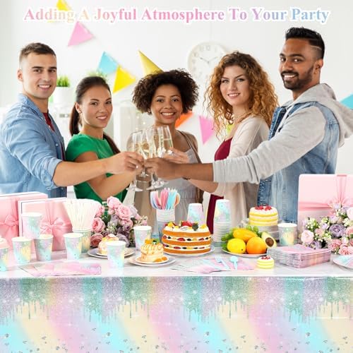 Funnymoom 452 Pcs Iridescent Diamond Birthday Party Decorations for 50 Guests, Glitter Pastel Rainbow Paper Plates and Napkins Cups Tablecloth Cutlery Straws for Women Birthday Baby Shower Supplies - Image 6