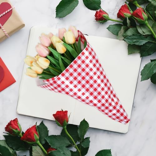Mipcase 20pcs Red and White Checkered Floral Bouquet Wrapping Paper 58cm X 58cm Plaid Tissue Paper for Wedding Wraps, Flower Bouquet Packaging, Craft and DIY Supplies - Image 4
