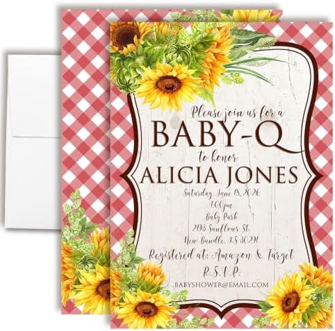 Amanda Creation Sunflower Baby Q Invitations, Sunflower Baby Shower Invitations, 50 Personalized 5x7 Double-Sided Cards with White Envelopes, Made in USA by AmandaCreation