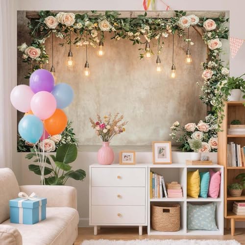 8x6ft Country Wedding Photography Backdrop Floral Rustic Roses Farmhouse Wooden Door Backdrop Pink Flower Birthday Baby Shower Wedding Bridal Party Banner Photo Booth Props Anniversary Background - Image 4