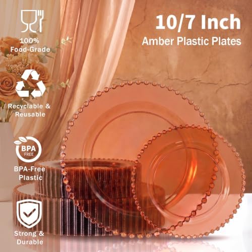 U-QE 60PCS Clear Brown Plastic Plates, Beaded Plates Disposable Heavy Duty - Image 3