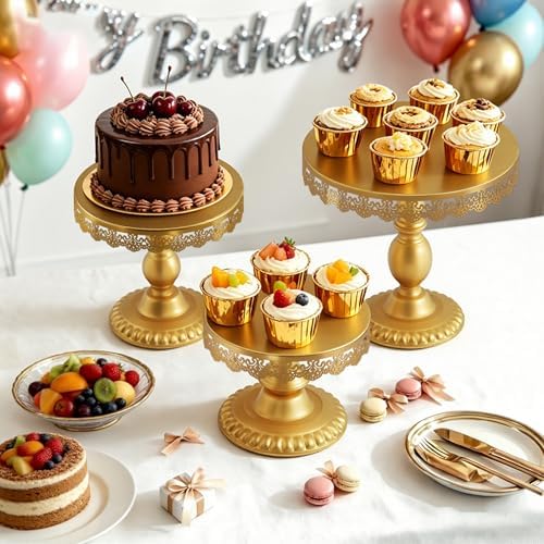 3 PCS Gold Cake Stands (8"&10"&12" Plate), Cupcake Stand With a lace hollow border Metal Cake Stand Set for Birthday Party, Wedding, Anniversary, Baby Shower - Image 2