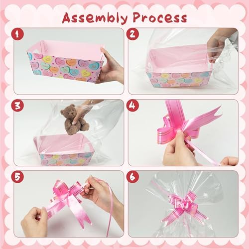 OSNIE Sweet Candy Heart Empty Gifts Baskets with Cellophane Bags and Ribbons Bows, 24 Set Colorful Tray Cardboard Gift Baskets for Romantic Things to Fill Wedding Birthday Anniversary Decor - Image 4