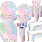 Funnymoom 452 Pcs Iridescent Diamond Birthday Party Decorations for 50 Guests, Glitter Pastel Rainbow Paper Plates and Napkins Cups Tablecloth Cutlery Straws for Women Birthday Baby Shower Supplies by Funnymoom