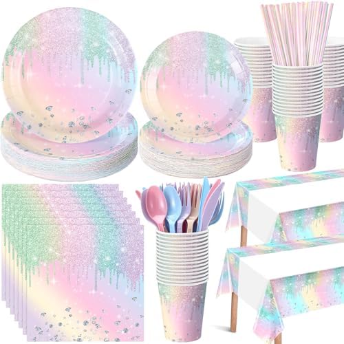 Funnymoom 452 Pcs Iridescent Diamond Birthday Party Decorations for 50 Guests, Glitter Pastel Rainbow Paper Plates and Napkins Cups Tablecloth Cutlery Straws for Women Birthday Baby Shower Supplies by Funnymoom