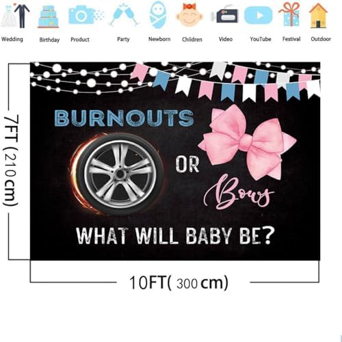 MEHOFOND 10x7ft Burnouts or Bows Gender Reveal Backdrop Black He or She What Will Baby Be Decorations Banner Boy or Girl Gender Reveal Baby Shower Photography Background Cake Table Supplies - Image 4