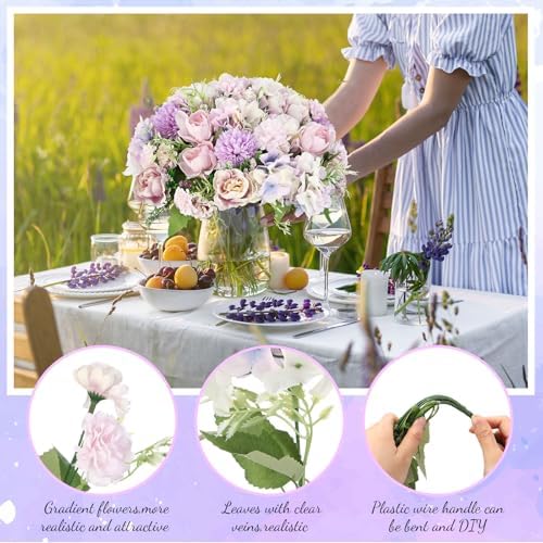 Tigeen 24 Bundles Artificial Flowers Bouquet Silk Peonies, Purple - Image 3