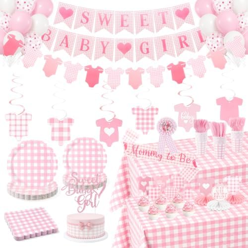 222Pcs Pink Gingham Baby Shower Decorations for Girl by Unknown