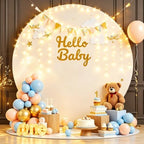 GALLETY 7.2FT Ivory Round Backdrop Cover with String Lights, Adjustable Fit for 5FT–7.2FT Circle Arch Stands, 4 Metal Clips & 24 Clear Clips, Circle Backdrop Cover for Wedding, Birthday & Baby Shower - Image 4